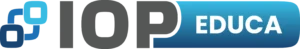 Logo oficial do IOP EDUCA, plataforma de educação a distância e cursos online, com o nome 'IOP' em cinza escuro e 'EDUCA' em branco sobre um fundo azul, acompanhado de um ícone abstrato em tons de azul.