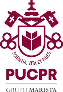 Logotipo da PUCPR - Pontifícia Universidade Católica do Paraná, com o brasão e o lema "Scientia, Vita et Fides" e a inscrição "Grupo Marista".